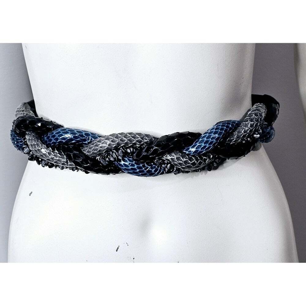 Vintage 1980s Leather Rope Belt, Braided Belt, Snakeskin, Beaded, Blue and Black
